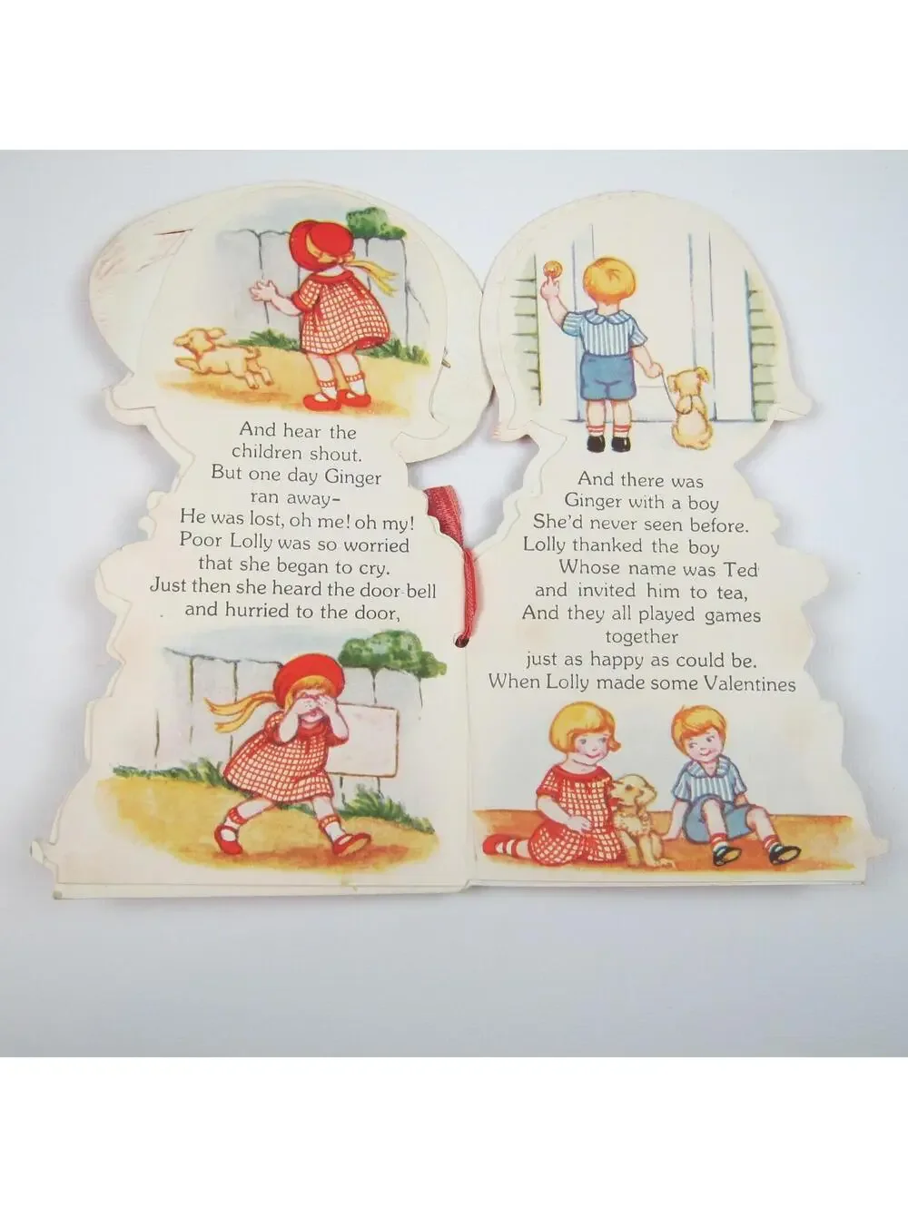 Vintage Valentine Mechanical Red Hat Blonde Girl Puppy Dog LARGE Story Book RARE